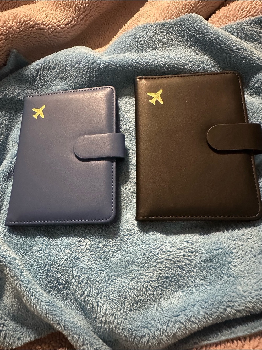 Blue and Black Travel Card Holder Wallets with Gold Airplane Accent